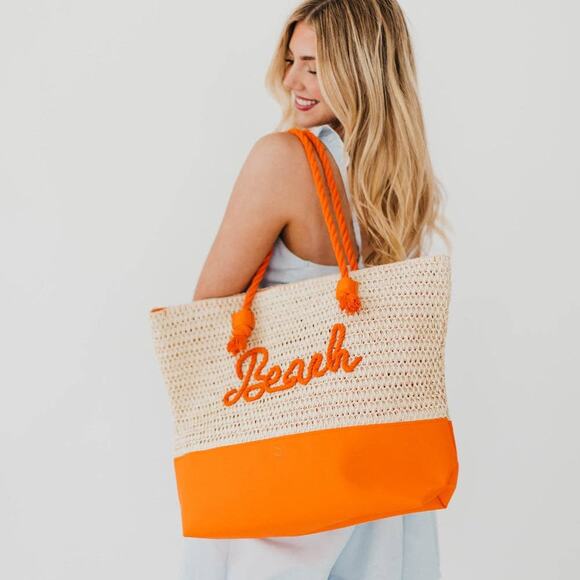 Beach Bum Raffia Tote Bag Orange Tan - Picture 1 of 2